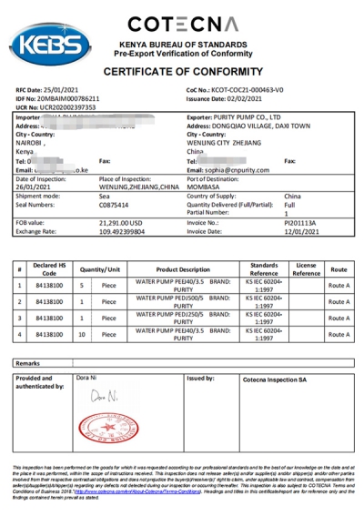 Esportazione certificato PVOC nei paesi africani (Kenya)